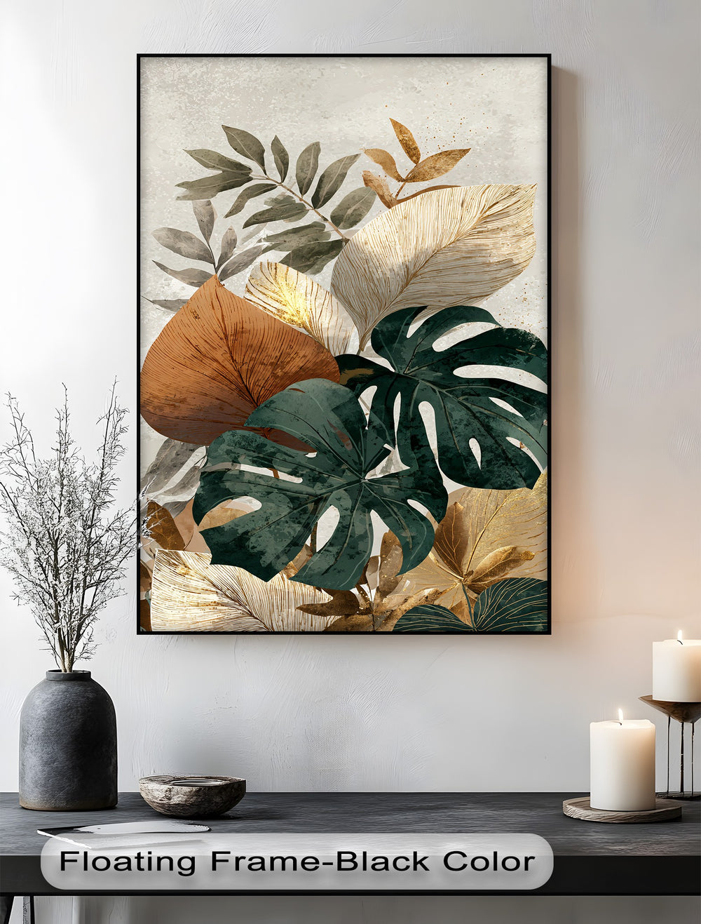 Visual rhythm created by overlapping monstera leaves and botanical elements makes this best canvas prints piece a dynamic, tropical leaf wall art statement.