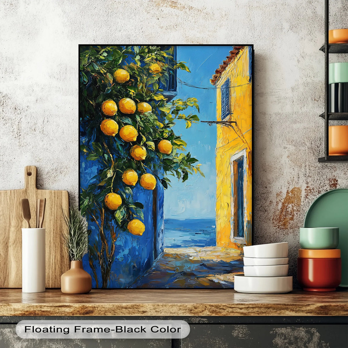 Vibrant Mediterranean Alley with Lemons framed canvas print showcases a sunlit coastal scene with bright yellow lemons and a serene sea view as the central subject.