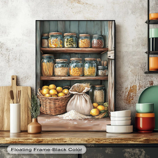 Depicting a Mediterranean kitchen shelf, the rustic pantry stock canvas print presents a unique canvas print of pasta jars, lemons, and flour in a cozy farmhouse scene.