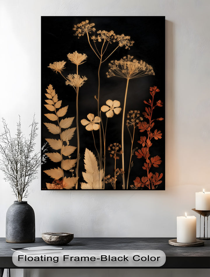 The elegant botanical silhouette, central to this unique canvas print, features golden floral stems that create a striking contrast on the dark background.