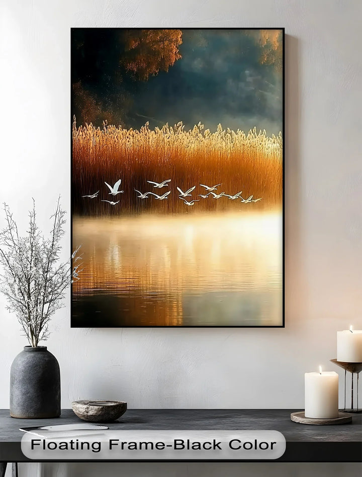 Golden Flight – Tranquil Birds at Sunset Canvas Print - MyPhotoStation