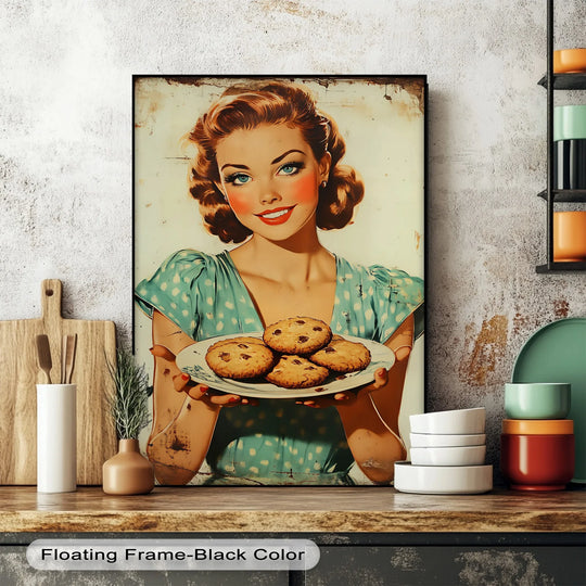Crisp, high-resolution printing on the Sweet Smile retro cookie lady kitchen canvas print showcases the unique canvas print's texture and vibrant colors.