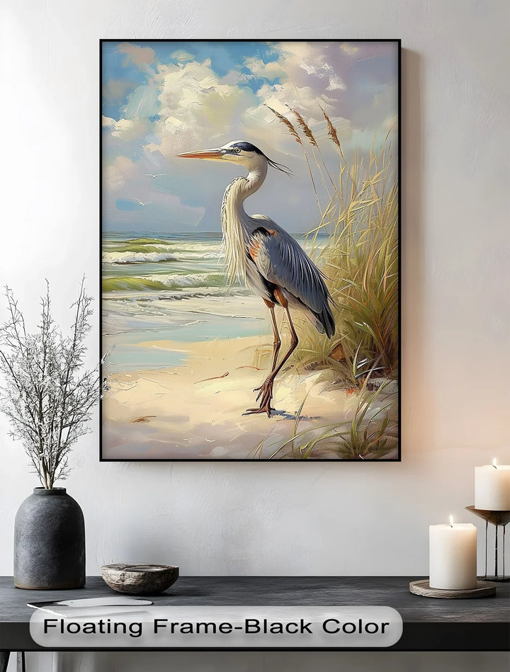 Coastal Grace – Majestic Heron by the Shore Canvas Print - MyPhotoStation