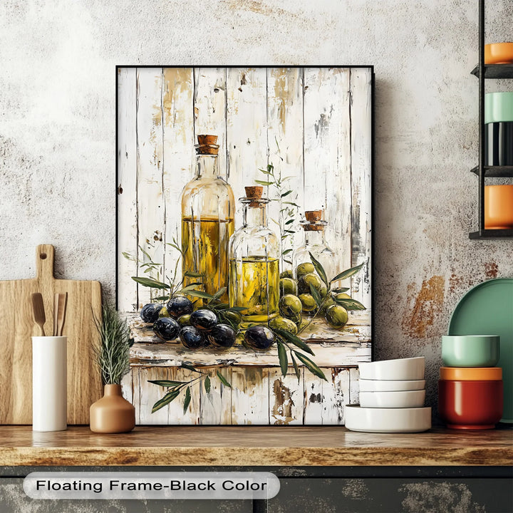 Golden Harvest – Olive Oil Bottles Rustic Kitchen Canvas Print - MyPhotoStation