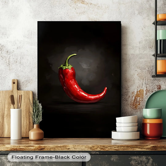 Warm color temperature highlights the red chili pepper in this unique canvas print, creating a striking contrast against the dark background.