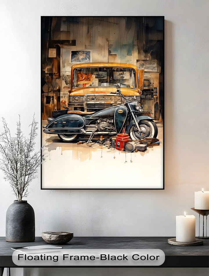 Garage Time – Classic Motorcycle and Vintage Truck Canvas Print - MyPhotoStation