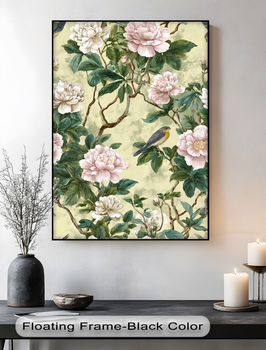 Peony Flowers and Bird - Botanical Canvas Wall Art | Framed Art
