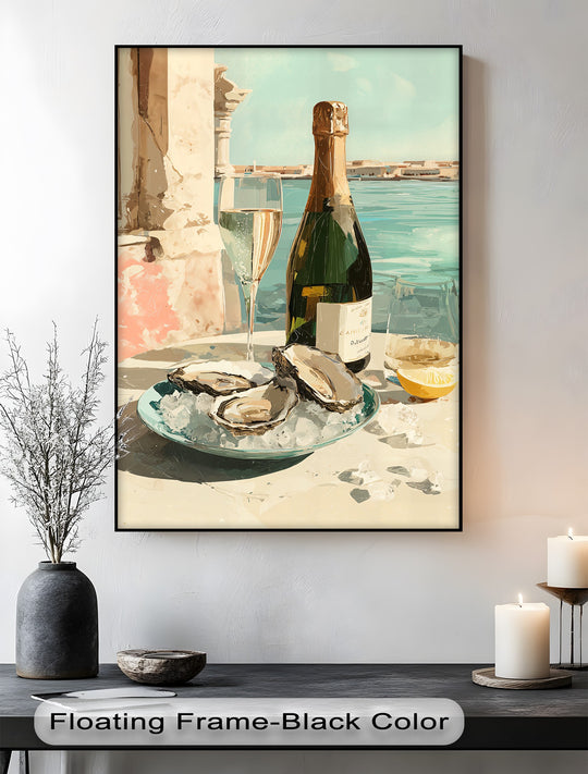 Canvas wall art depicts a premium champagne bottle and fresh oysters, hinting at quality ingredients and luxurious dining.