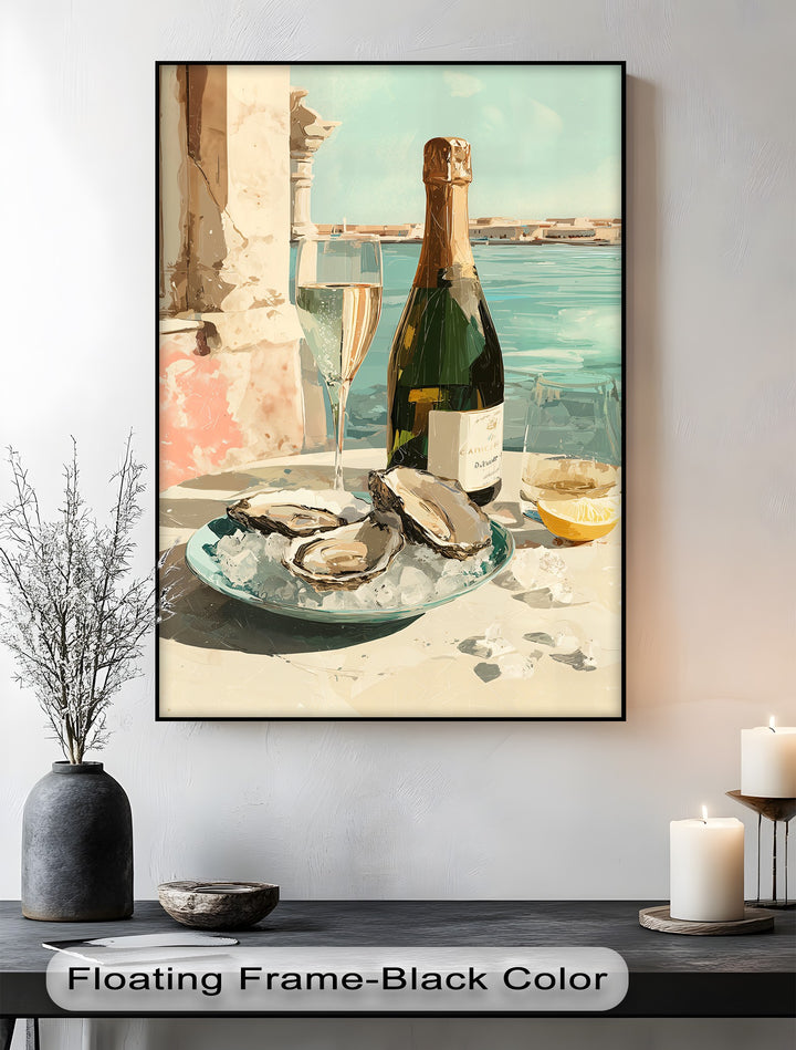 Canvas wall art depicts a premium champagne bottle and fresh oysters, hinting at quality ingredients and luxurious dining.