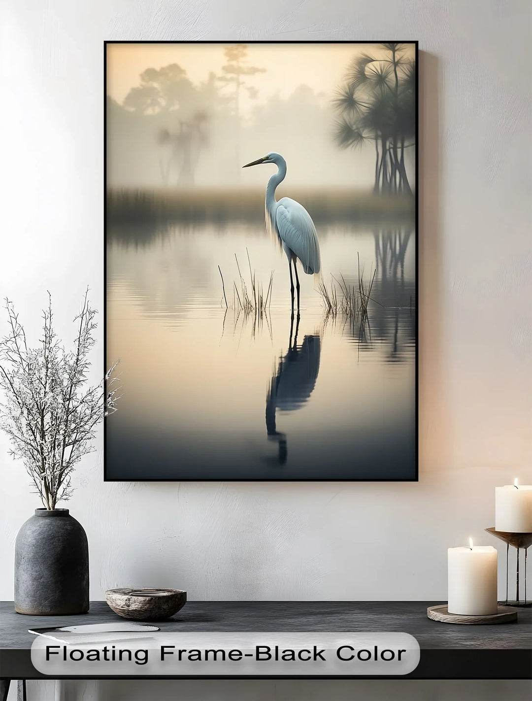 Misty Morning Heron – Serene Lakeside Reflection Canvas Print - MyPhotoStation