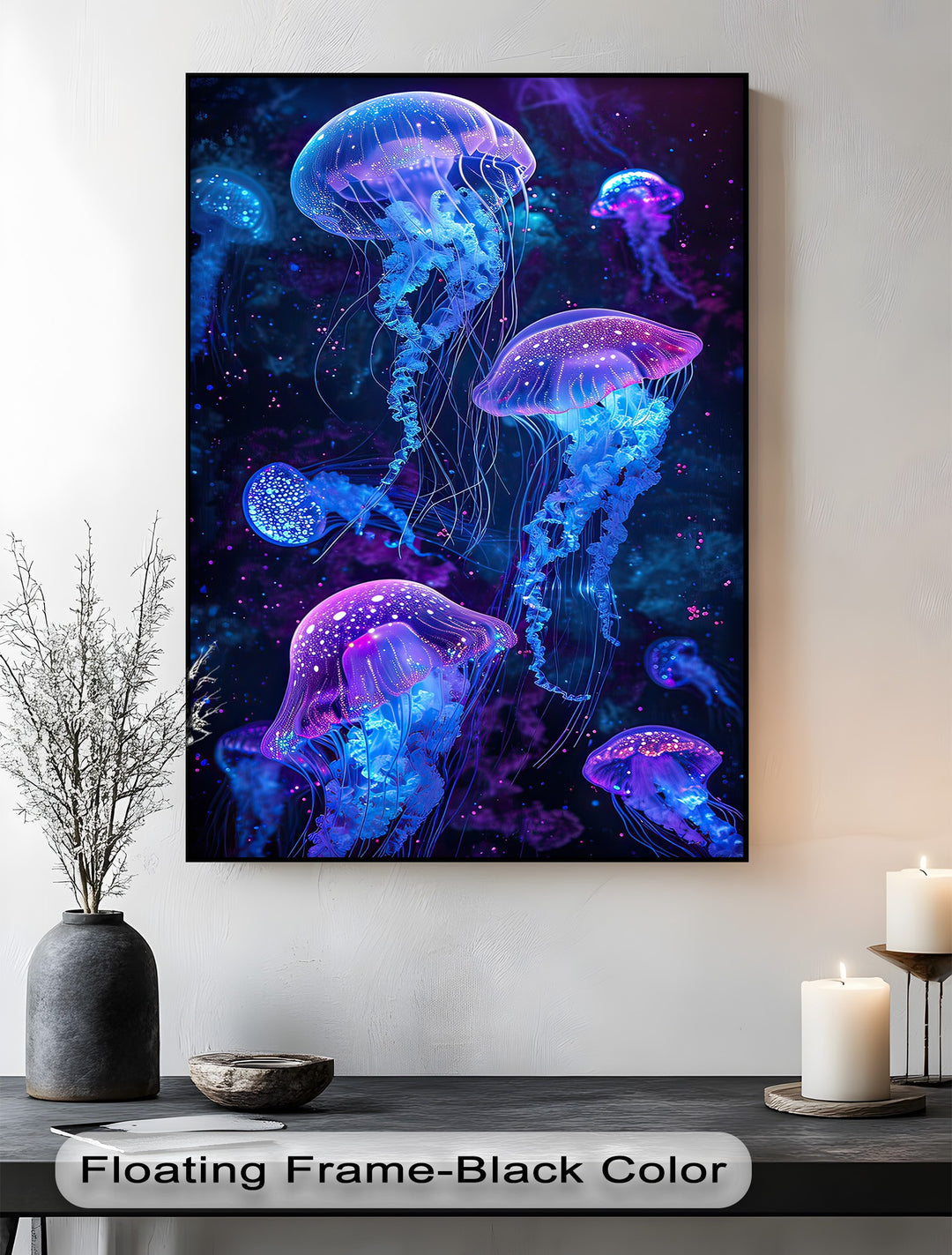 Visual rhythm defines this glowing ocean hanging canvas, where neon jellyfish pulse with electric blues and luminous purples, creating dynamic wall art.