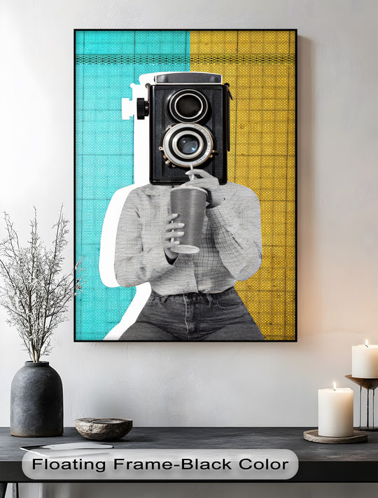 Divided between bright aqua and yellow grids, the background gives a bold pop to this retro camera head surrealist canvas wall art.