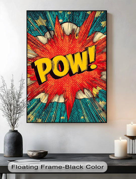 Featuring a sleek black border, this hanging canvas spotlights the explosive POW! comic book print, showcasing a crisp edge and professionally finished presentation.