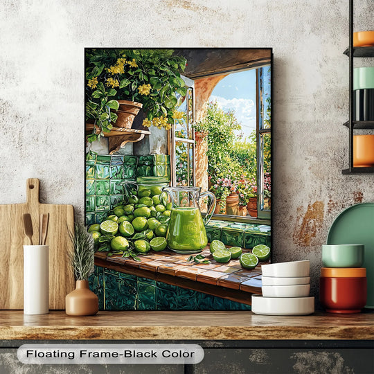 Highlighting the layering effect, this Mediterranean-style canvas artwork shows a sunny lime harvest kitchen scene as a delightful canvas artwork.