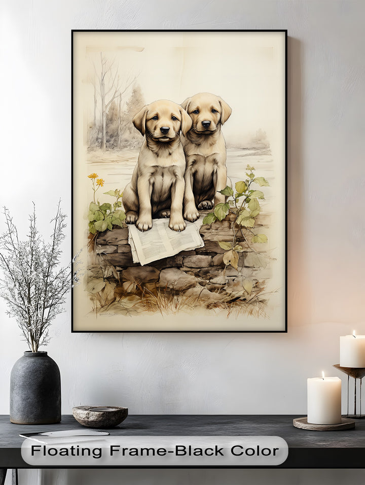 Stone Wall Puppies – Vintage Nature Scene Puppies Canvas Print