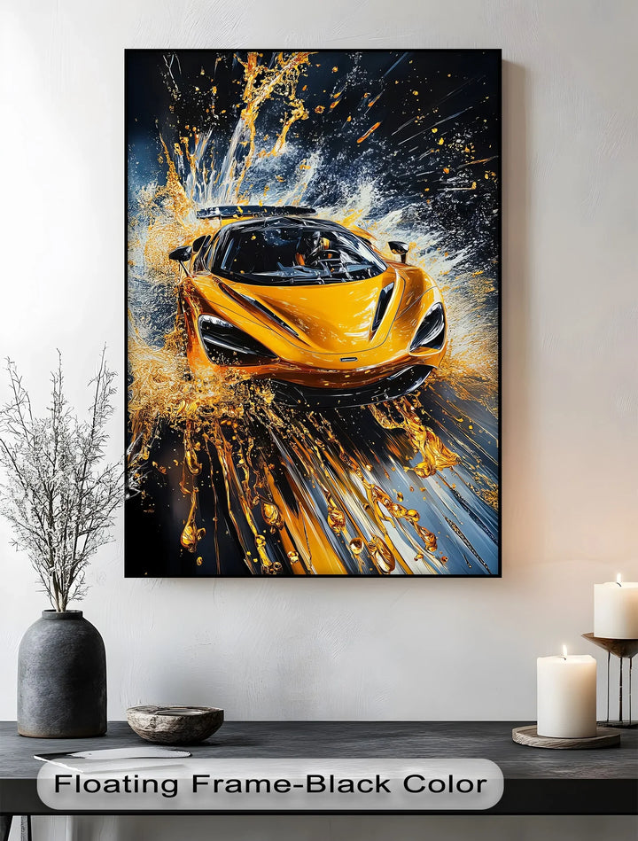 Velocity Splash – Yellow Supercar in Liquid Motion Canvas Print - MyPhotoStation