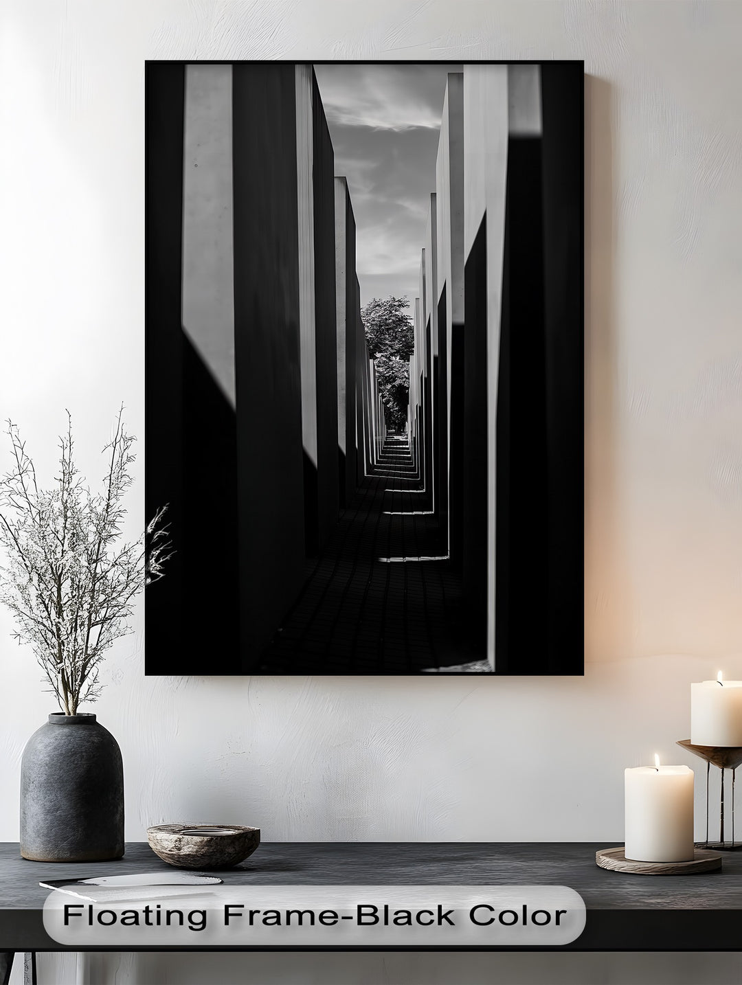 Sharp lines and high contrast bring dramatic perspective to this architectural canvas painting.

