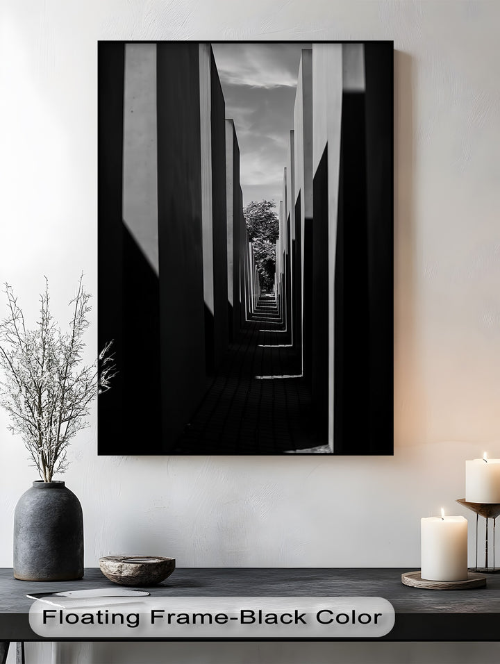 Sharp lines and high contrast bring dramatic perspective to this architectural canvas painting.

