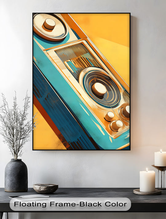 Striking color saturation enhances the golden frequency retro stereo abstract big canvas prints, offering a vibrant teal and gold aesthetic for music enthusiasts.