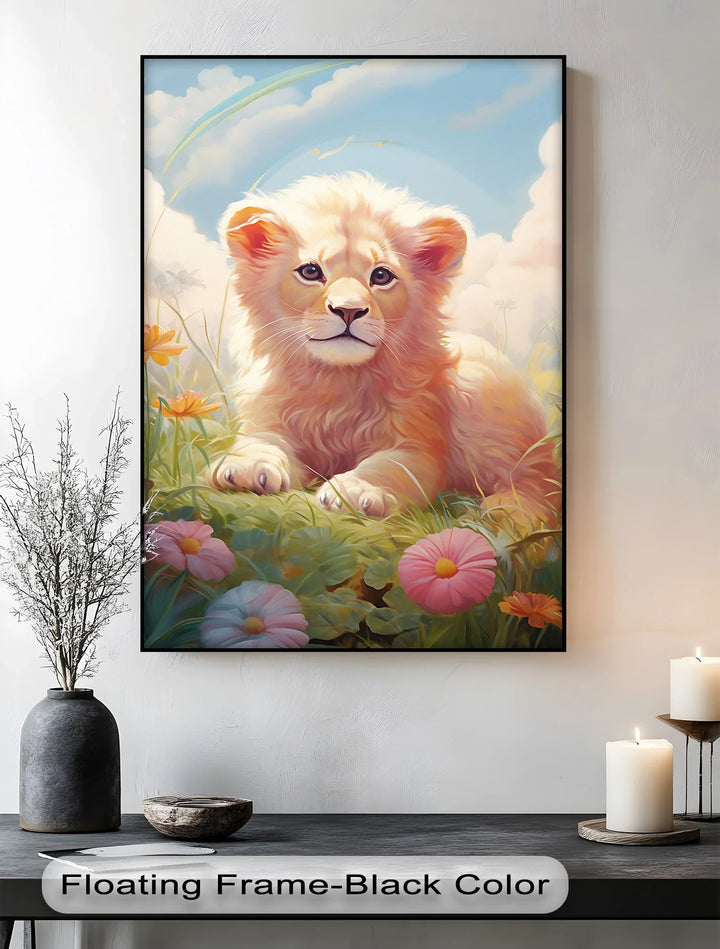Innocent Majesty – Baby Lion Cub in Blooming Field Animal Canvas Print - MyPhotoStation
