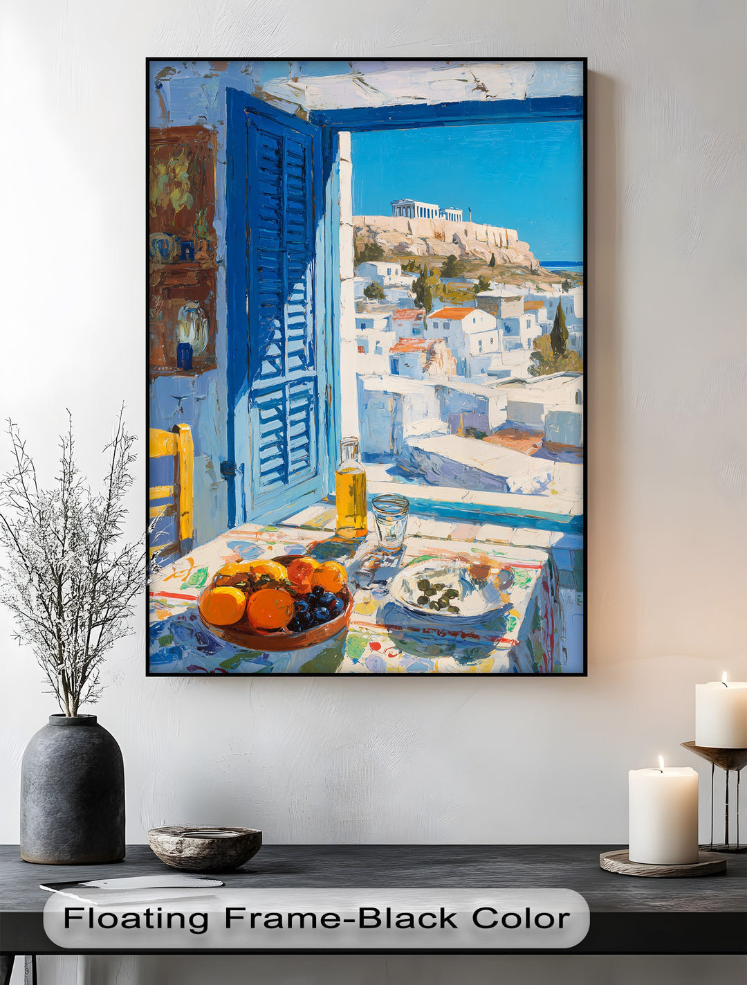Striking color contrast emphasizes the blues of the window and sky against the white buildings in this Greek window view canvas wall art print.