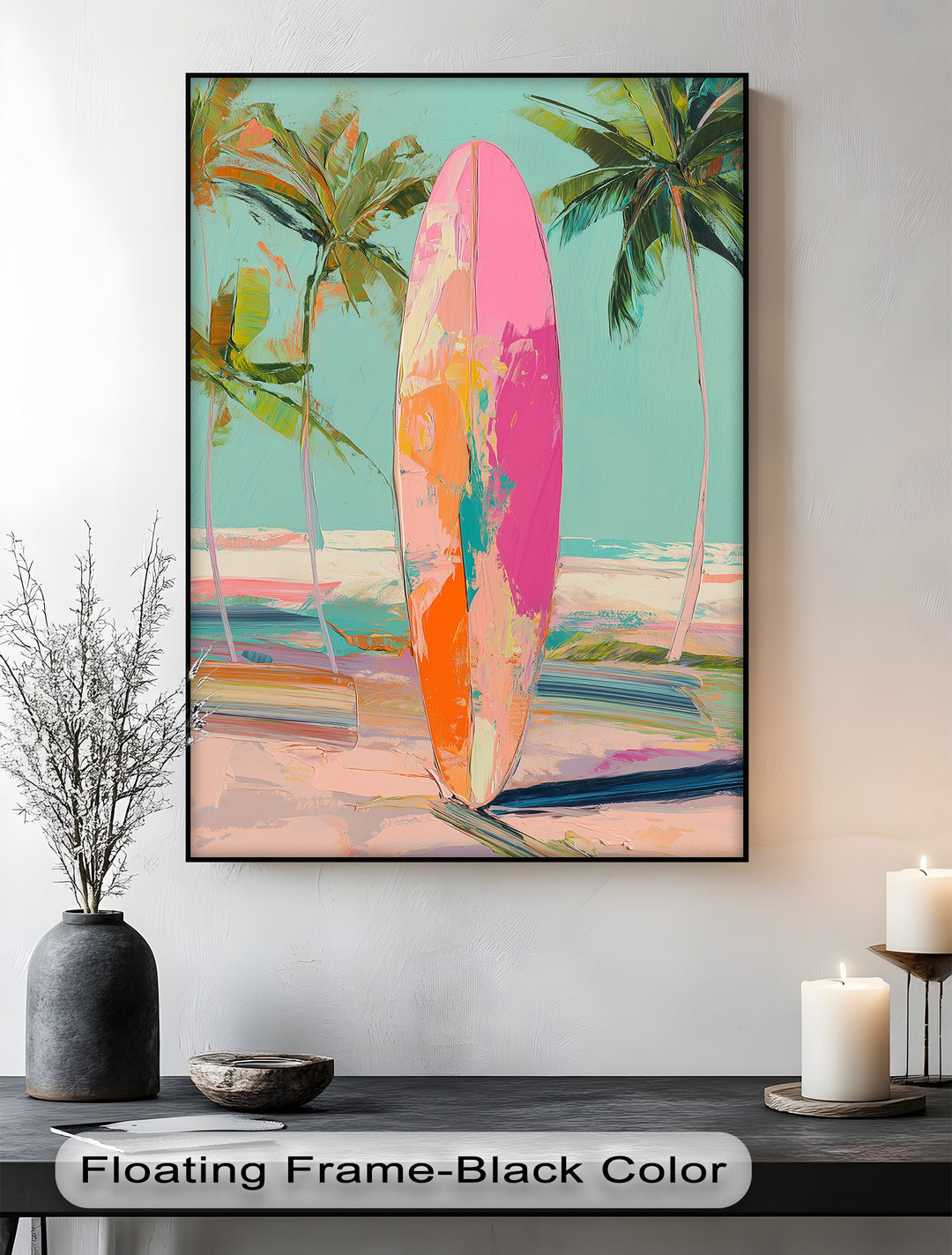 Sunset Ride – Vibrant Surfboard Beach Scene Canvas Print