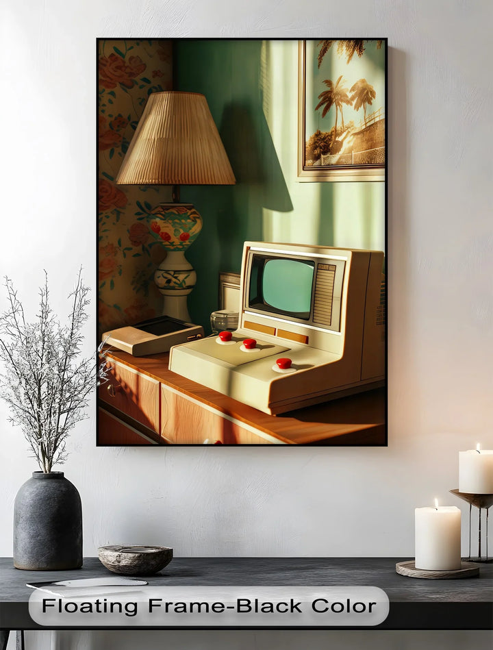 Vintage Computer with Lamp – Retro Style Canvas Print