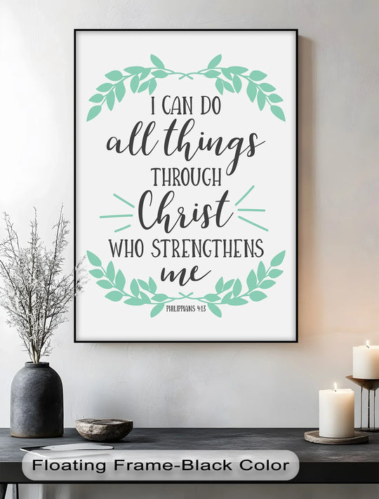 Foreground offers a view of a vase, a decorative bowl, and two lit candles resting on a dark surface, complementing the 'All Things Through Christ' hanging canvas print.
