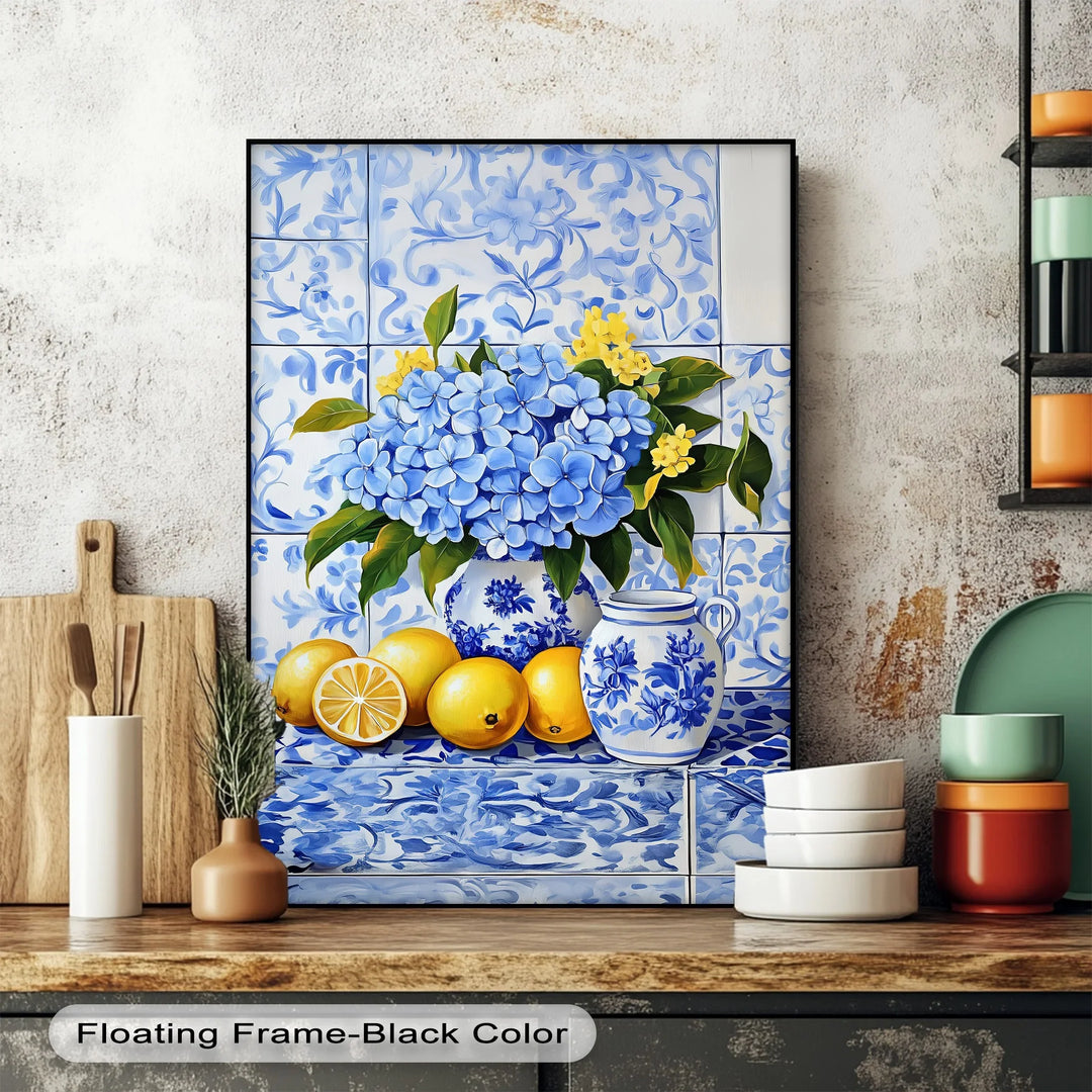 Lemon & Hydrangea Harmony – Blue Tile Floral Kitchen Canvas Print - MyPhotoStation