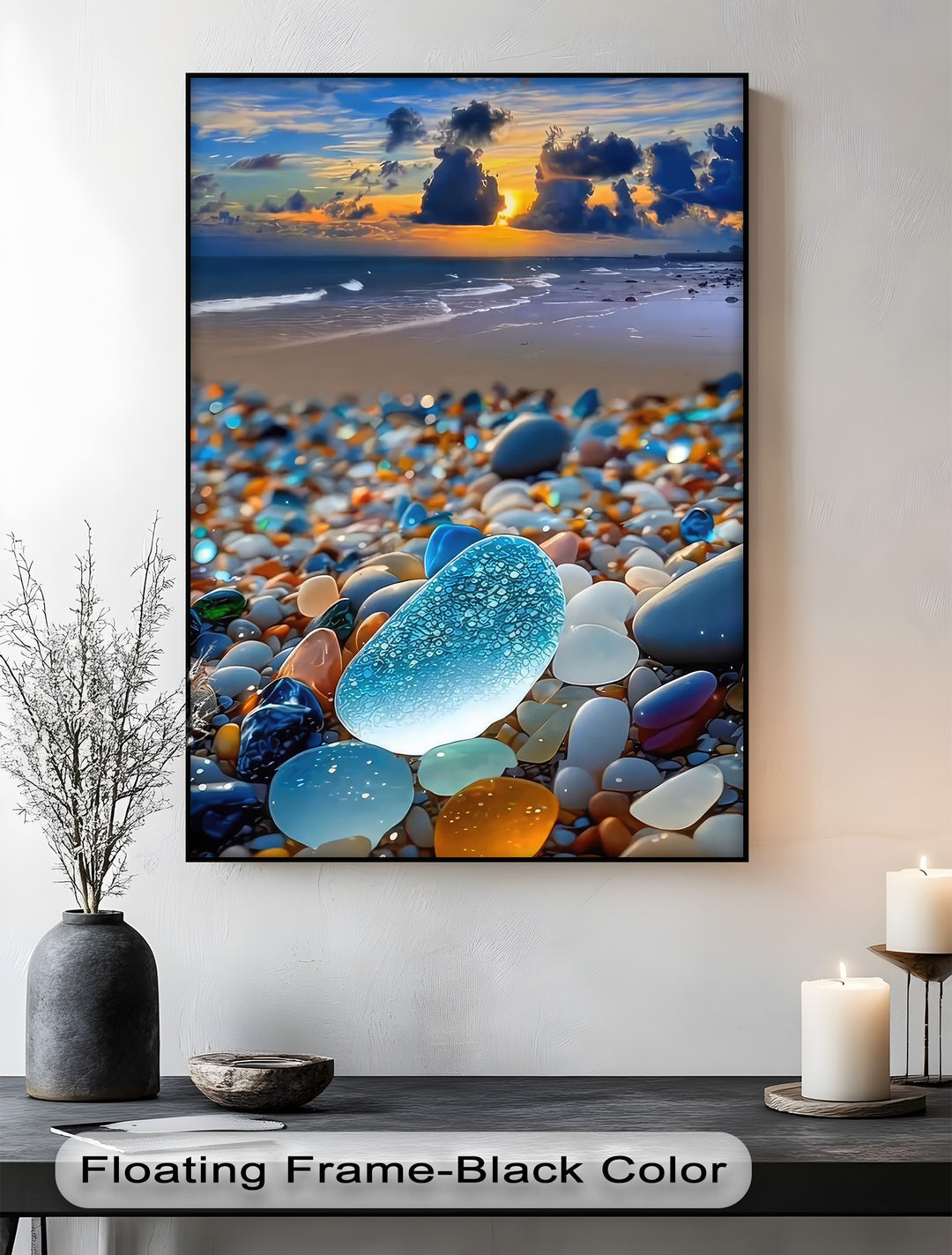 The coastal sunset canvas wall decor exhibits a captivating interplay of warm golden hues in the sky and cool blue tones in the vibrant sea glass.