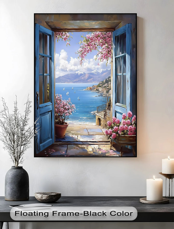 Mediterranean View – Open Window with Coastal Seascape Canvas Print - MyPhotoStation