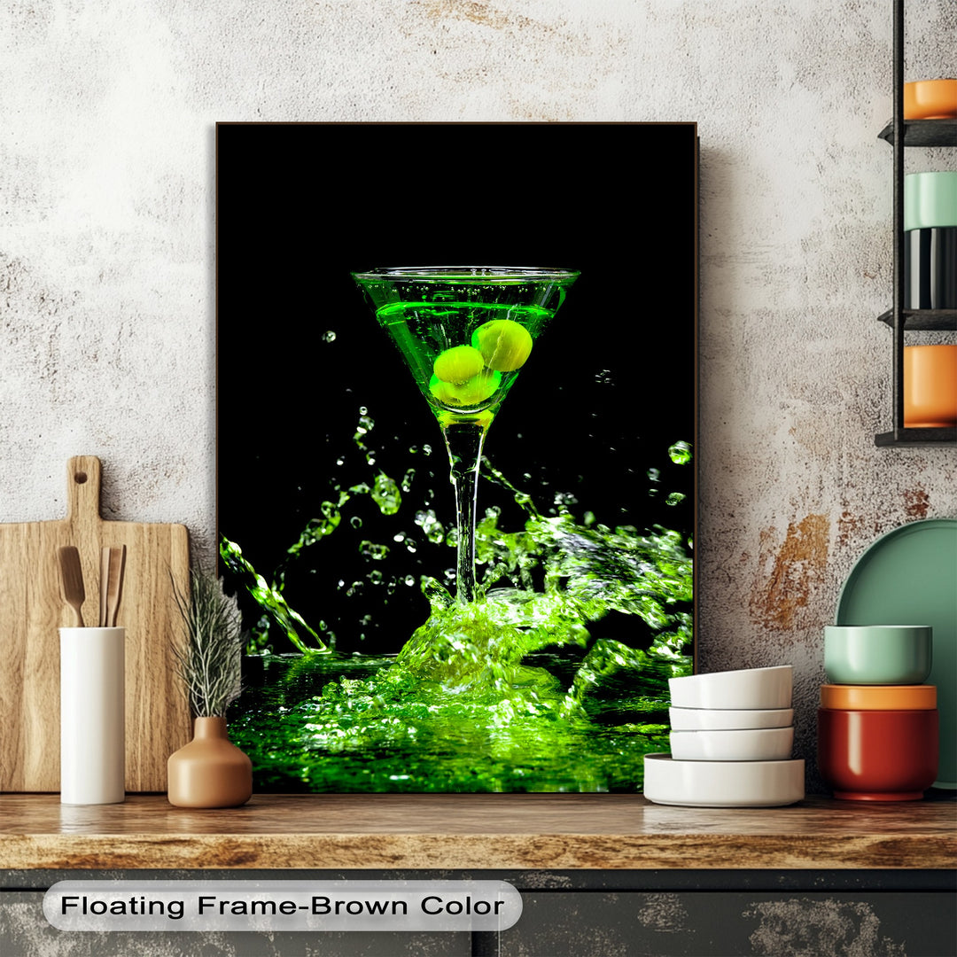 An inverted conical green martini glass and spherical olives form the central geometric elements on this high quality canvas print.
