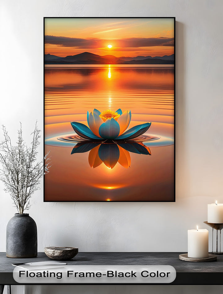 The serene mood of a glowing lotus on tranquil waters at sunset, reflecting warm golden hues, perfect for peaceful canvas wall decor.