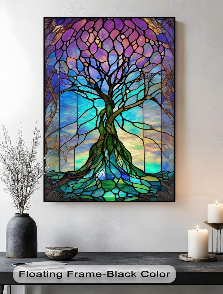 The luminous, multi-hued stained glass tree, rendered as vibrant canvas wall art, features a glowing azure and turquoise sky background.