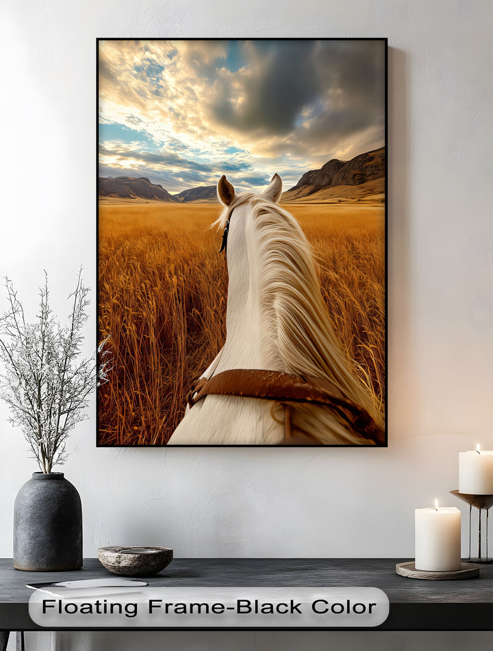 White Horse Overlooking a Golden Field - Horse Canvas Print