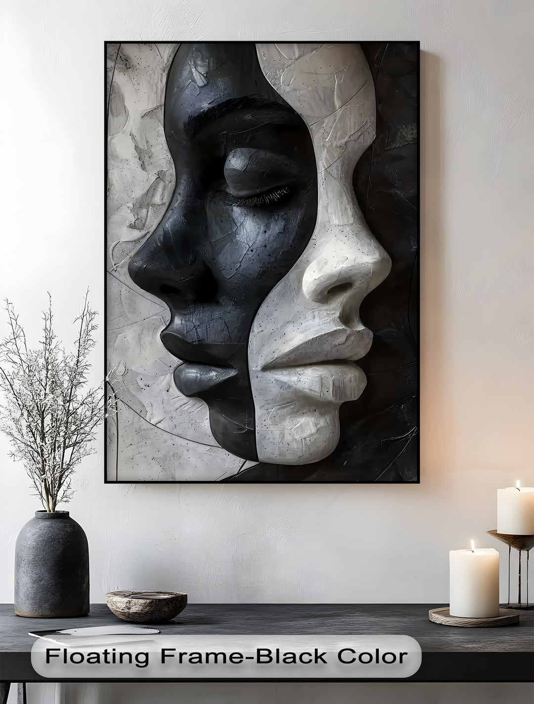 The layering effect is prominent in this abstract black and white modern canvas wall decor, showcasing two contrasting faces intertwined.