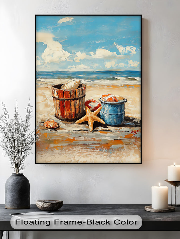 Beach Day Memories – Vibrant Coastal Bucket Scene Canvas Prints