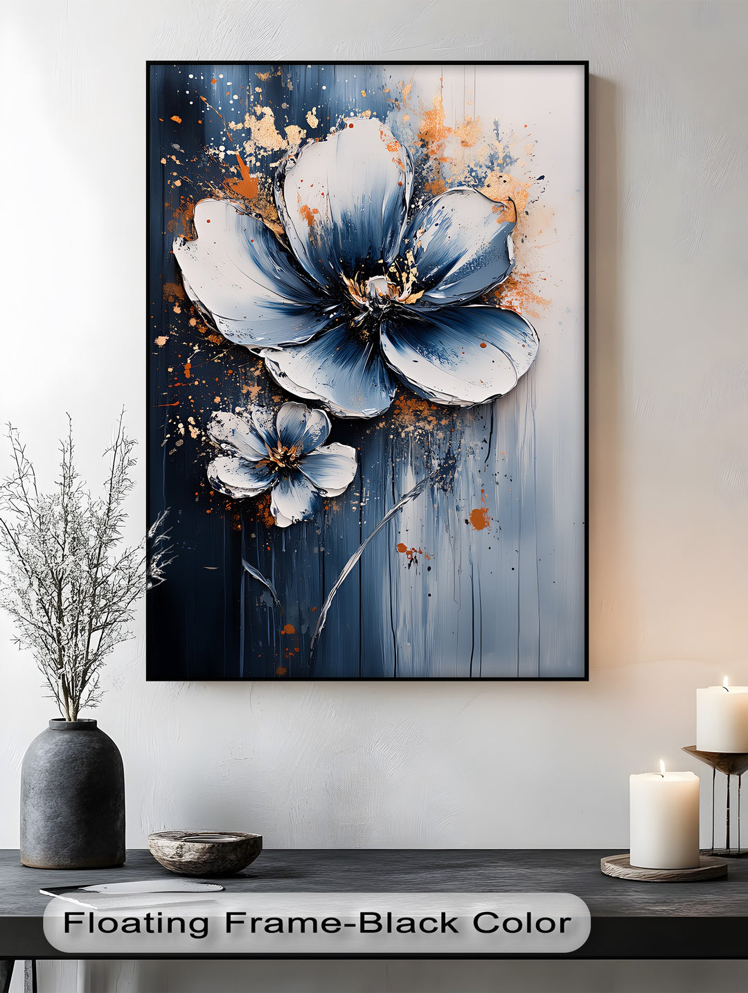 Electric Midnight Bloom – Blue and White Abstract Floral Canvas Print