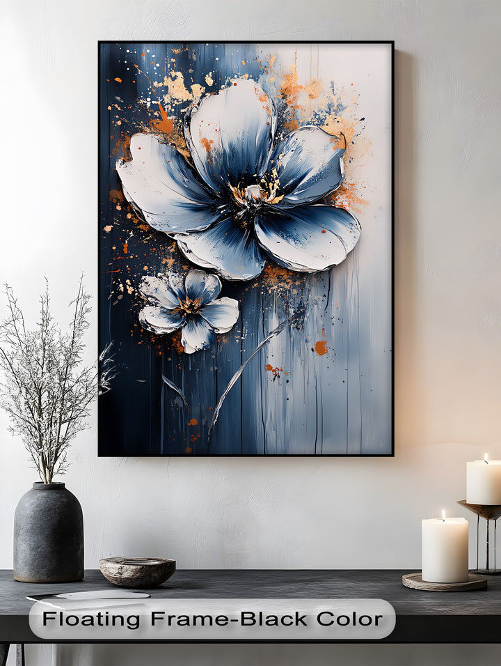 Electric Midnight Bloom – Blue and White Abstract Floral Canvas Print
