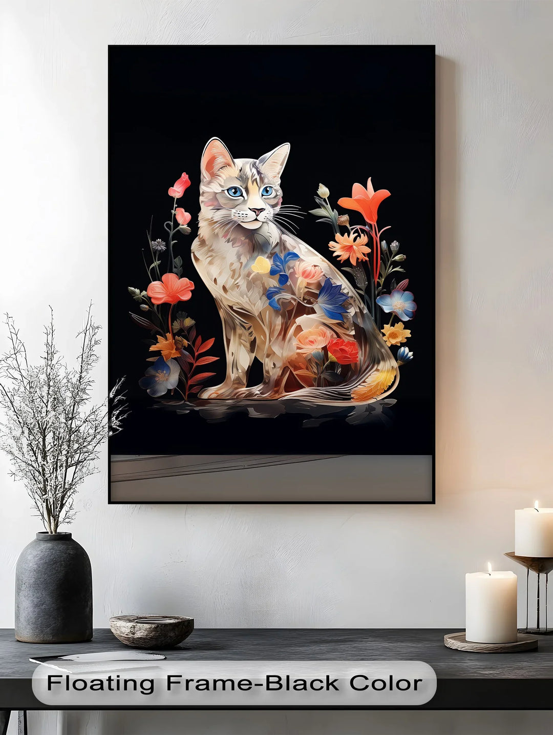 Botanical Gaze – Floral Patterned Cat with Blue Eyes Cat Canvas Print - MyPhotoStation