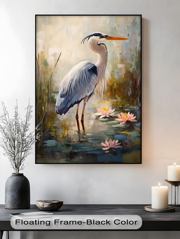 Graceful Heron Among Lilies – Serene Wildlife Canvas Print