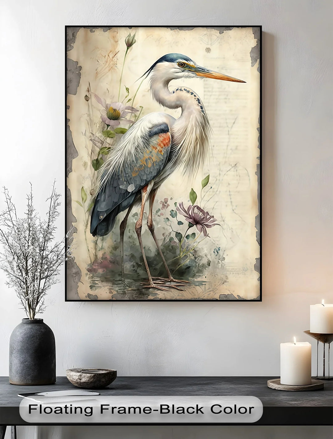 Graceful Heron Amid Wildflowers – Vintage Nature Canvas Print - MyPhotoStation
