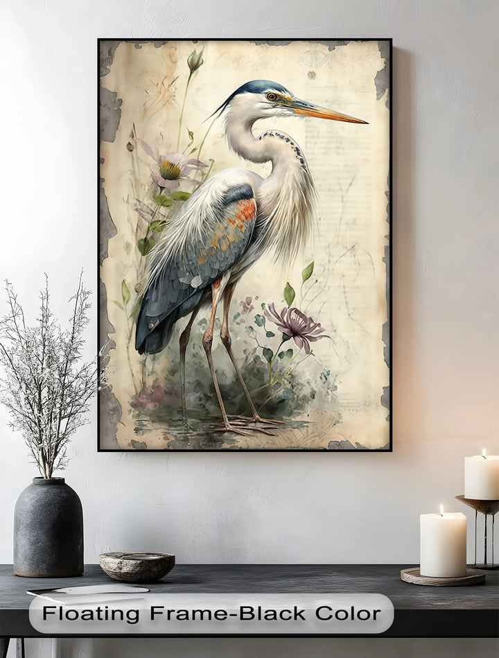 Graceful Heron Amid Wildflowers – Vintage Nature Canvas Print - MyPhotoStation