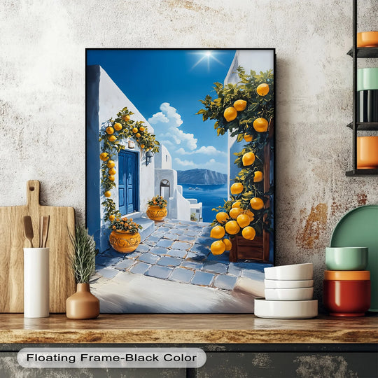 Highlighting the abstract quality, the 'Santorini Sunshine' canvas print presents a unique canvas print with bold brushstrokes and vibrant colors evoking a Mediterranean scene.