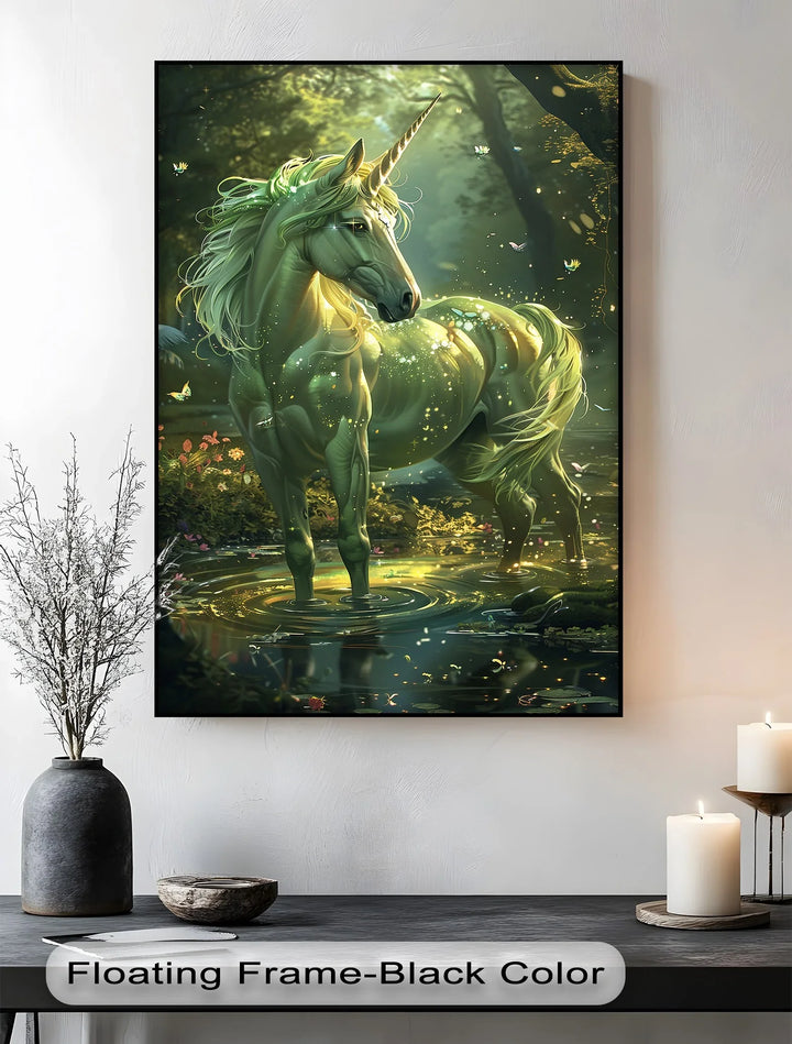Glowing Green Unicorn in Enchanted Pond - Animal Canvas Print - MyPhotoStation
