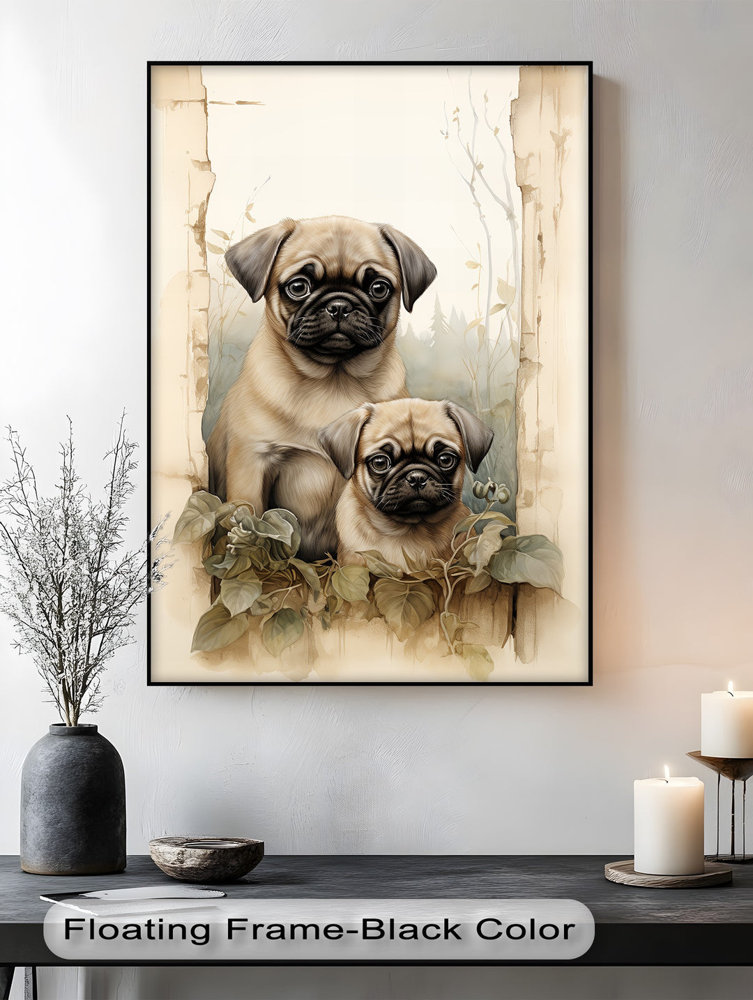 Twin Pug Companions – Vintage Botanical Style Puppies Canvas Print