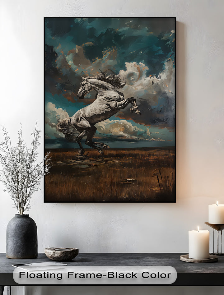 White Stallion Rearing Under a Turbulent Sky - Horse Canvas Print