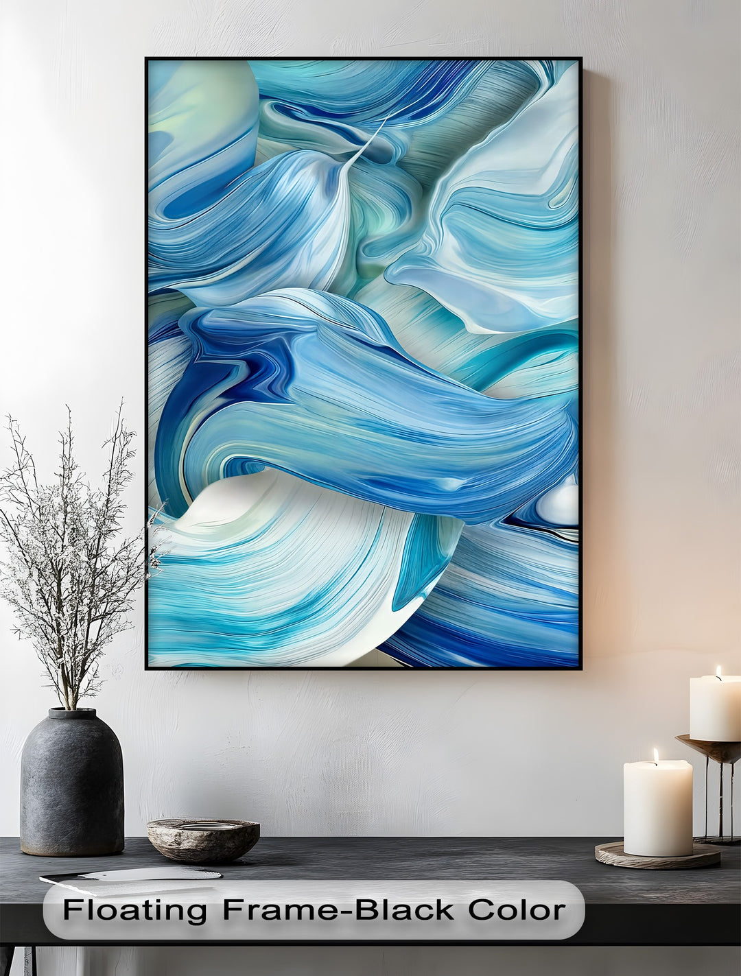 The crisp black floating frame border of the abstract blue flow canvas art highlights its dynamic ocean wave design.