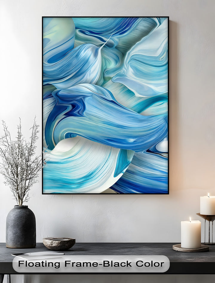 The crisp black floating frame border of the abstract blue flow canvas art highlights its dynamic ocean wave design.