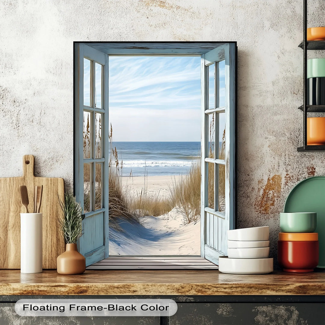 Ocean Breeze View – Open Window Beach Scene Kitchen Canvas Print - MyPhotoStation